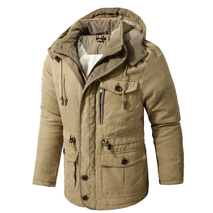 Giacca multitasche premium da uomo in lana di agnello con cappuccio spesso | 3256 