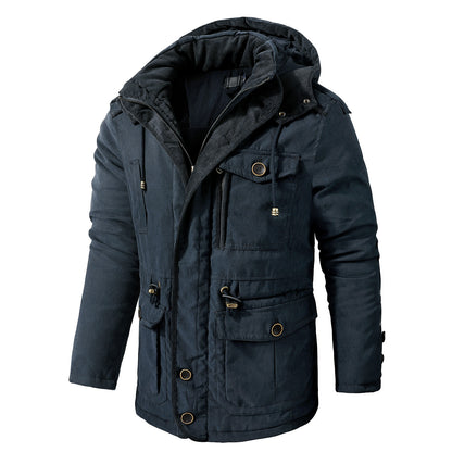 Giacca multitasche premium da uomo in lana di agnello con cappuccio spesso | 3256 