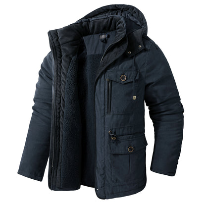 Giacca multitasche premium da uomo in lana di agnello con cappuccio spesso | 3256 
