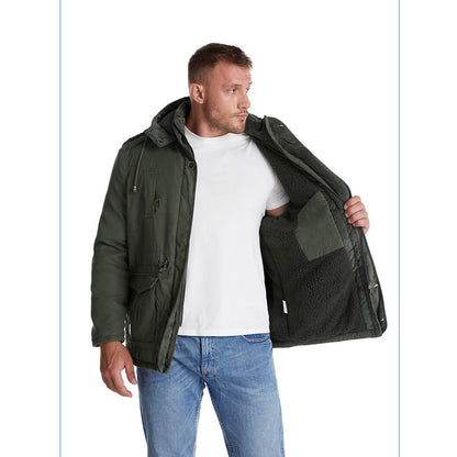 Giacca multitasche premium da uomo in lana di agnello con cappuccio spesso | 3256 
