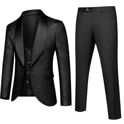 Abito da uomo in 3 pezzi con motivo floreale in rilievo, vestibilità slim fit, smoking jacquard con un bottone, blazer con revers a scialle Paisley | 1931 