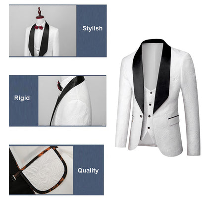 Abito da uomo in 3 pezzi con motivo floreale in rilievo, vestibilità slim fit, smoking jacquard con un bottone, blazer con revers a scialle Paisley | 1931 