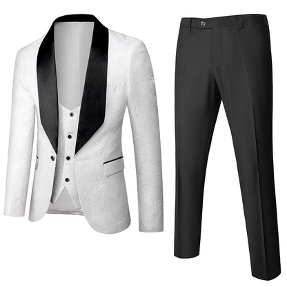 Abito da uomo in 3 pezzi con motivo floreale in rilievo, vestibilità slim fit, smoking jacquard con un bottone, blazer con revers a scialle Paisley | 1931 