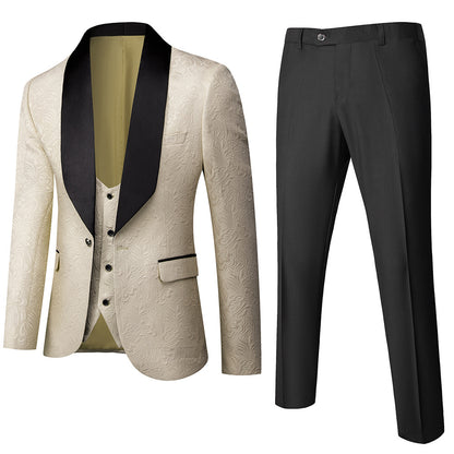 Abito da uomo in 3 pezzi con motivo floreale in rilievo, vestibilità slim fit, smoking jacquard con un bottone, blazer con revers a scialle Paisley | 1931 