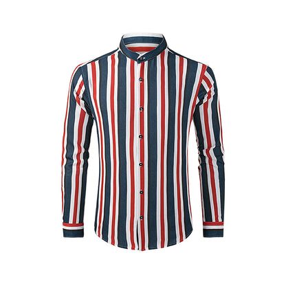 Chemise boutonnée à manches longues et col montant pour homme, décontractée, en coton, à rayures et au toucher lin | +MC255371-4019 