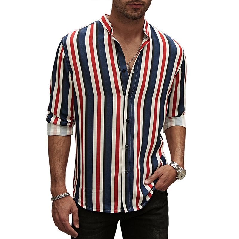 Chemise boutonnée à manches longues et col montant pour homme, décontractée, en coton, à rayures et au toucher lin | +MC255371-4019 
