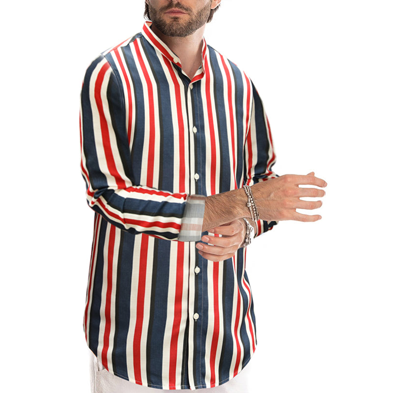 Chemise boutonnée à manches longues et col montant pour homme, décontractée, en coton, à rayures et au toucher lin | +MC255371-4019 