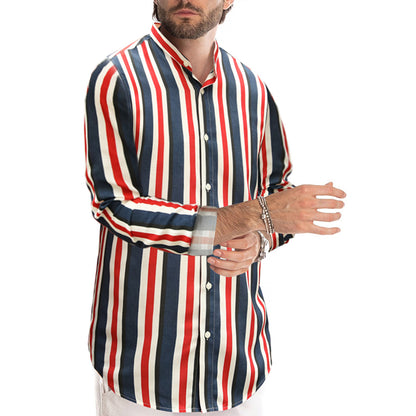 Chemise boutonnée à manches longues et col montant pour homme, décontractée, en coton, à rayures et au toucher lin | +MC255371-4019 