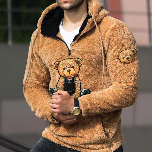 Sweat à capuche chaud en laine d'agneau pour homme avec motif ours en peluche | PPM5 