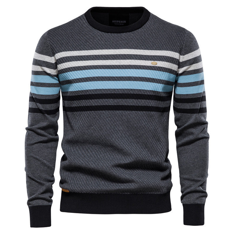 Pull ras du cou pour homme en coton chaud classique à rayures - Y183