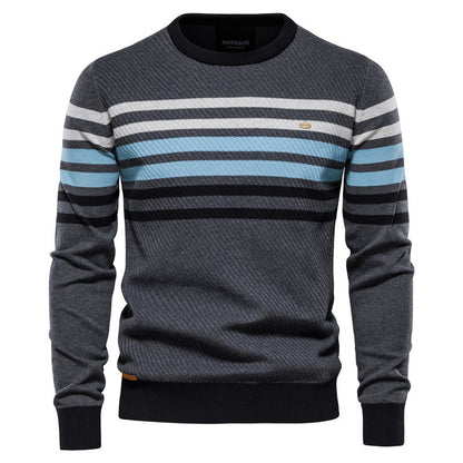 Pull ras du cou pour homme en coton chaud classique à rayures - Y183