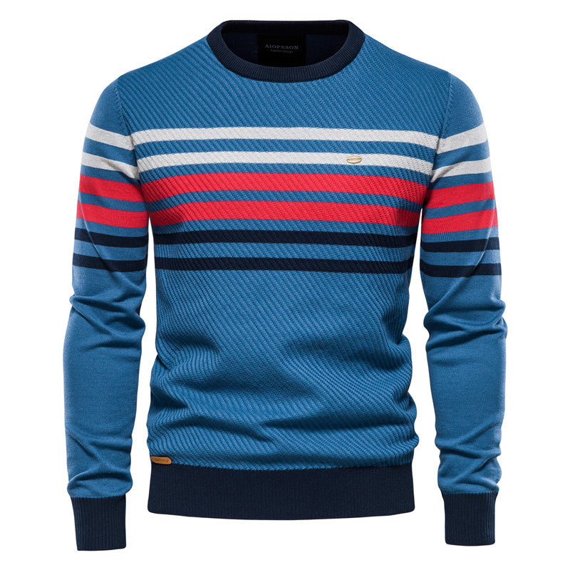 Pull ras du cou pour homme en coton chaud classique à rayures - Y183