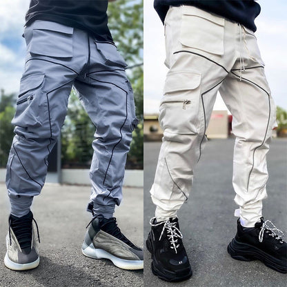 Pantalon cargo tendance à poches multiples pour homme gris Pantalon de jogging technique réfléchissant | W302